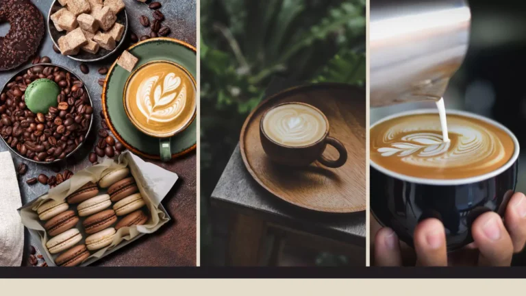 Thrree cups of coffee placed in three image making a collage all coffees are made of arabica and robusta coffee beans